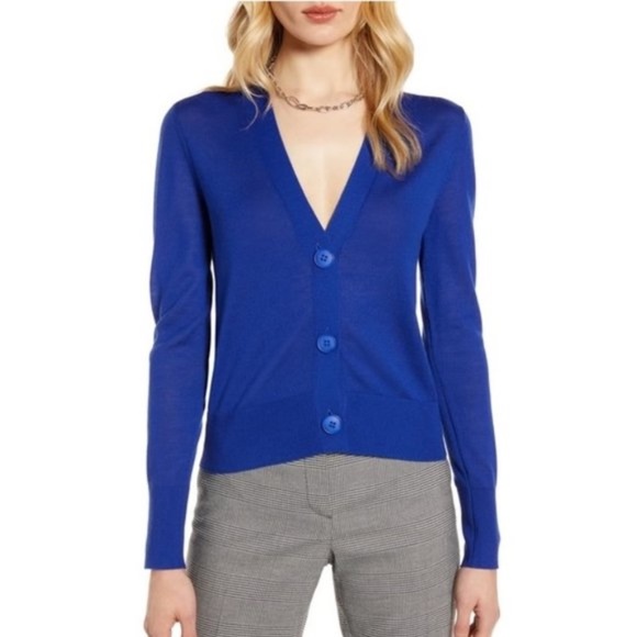 Halogen V-Neck Merino Wool Jersey Cardigan - Picture 1 of 2